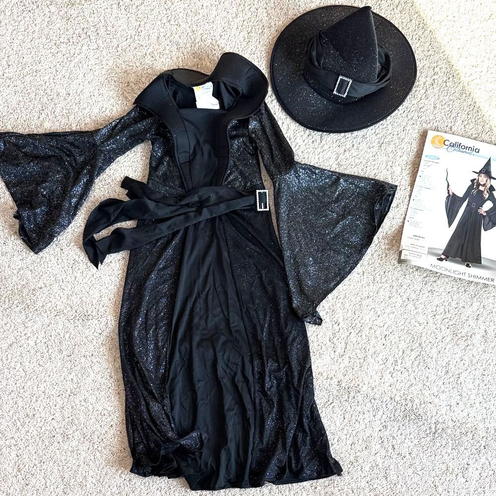 California Costume Girls Size 5 Black Sparkling Witch Dress Hat Halloween Outfit
